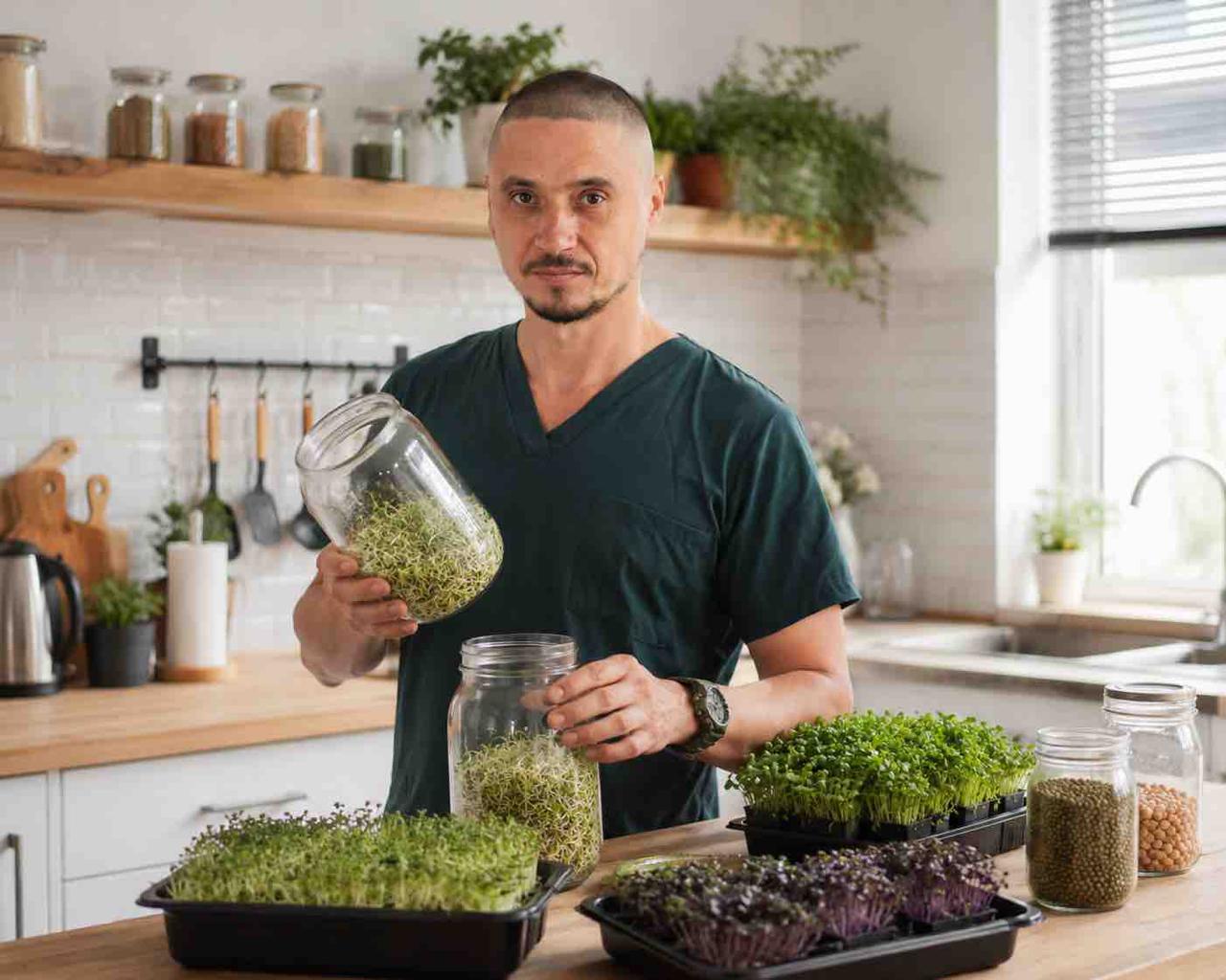 Instructor con germinados frescos cultivados en casa